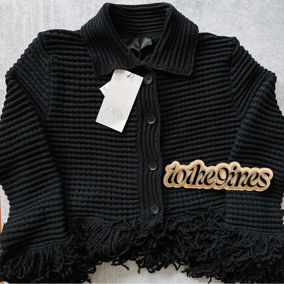 ZARA FRINGE CHECK KNIT JACKET NAVY BLUE SMALL MEDIUM - Picture 2 of 3